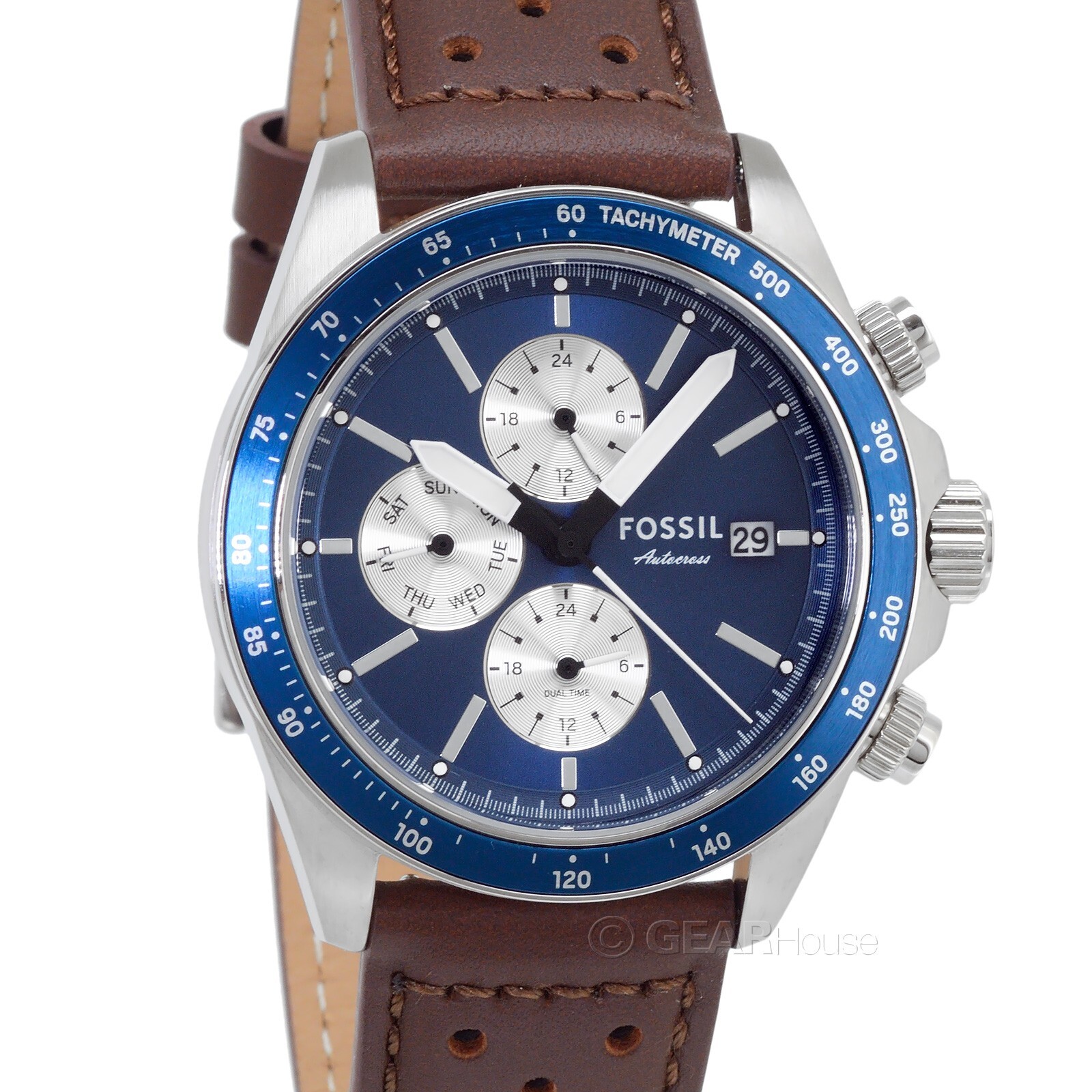 Многофункциональные мужские часы FOSSIL Autocross Dual Time, серебристо-голубой, коричневая кожа