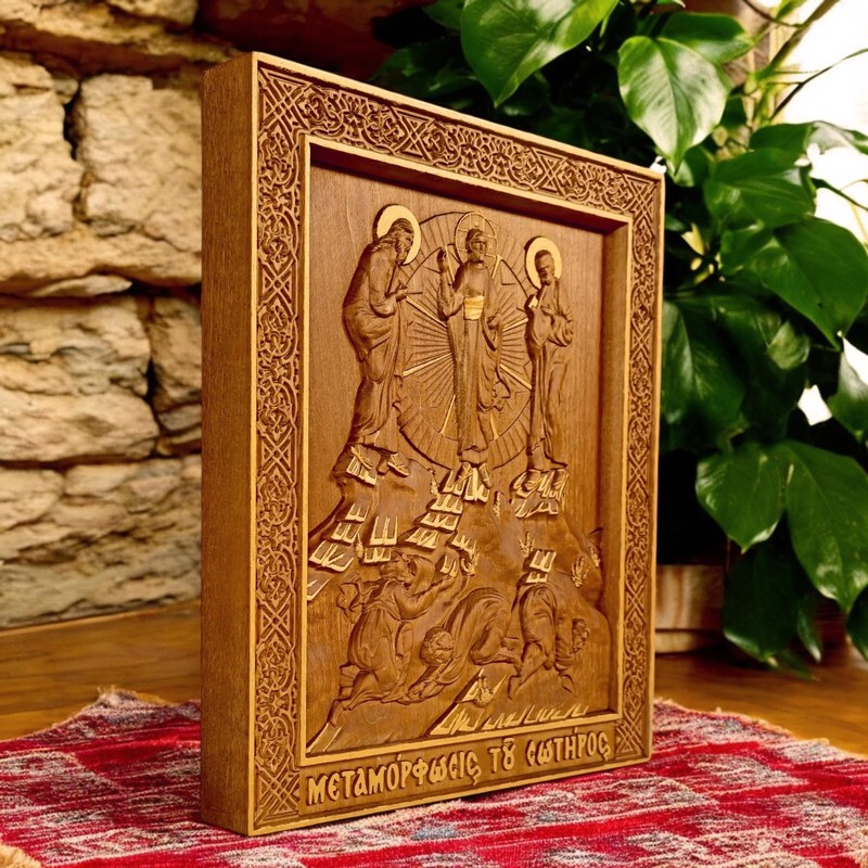 Transfiguration of Jesus Wood Carved Handmade Byzantine Orthodox Christian Icon