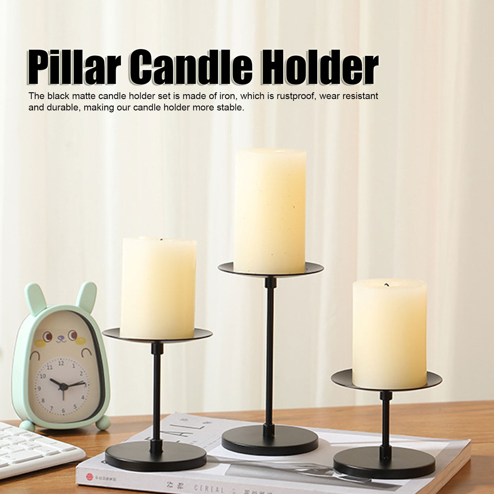 3pcs Pillar Candle Holder Black Double Sided Black Piano Paint Antirust Iron