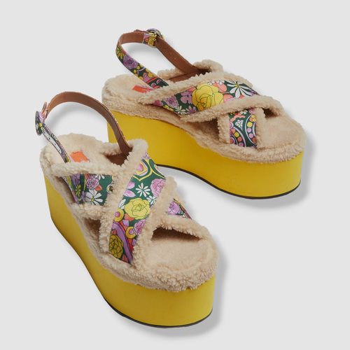 Pre-owned La Doublej $840 La Double J Women Yellow Shearling Slingback Platform Sandal Shoes 38eu/8us