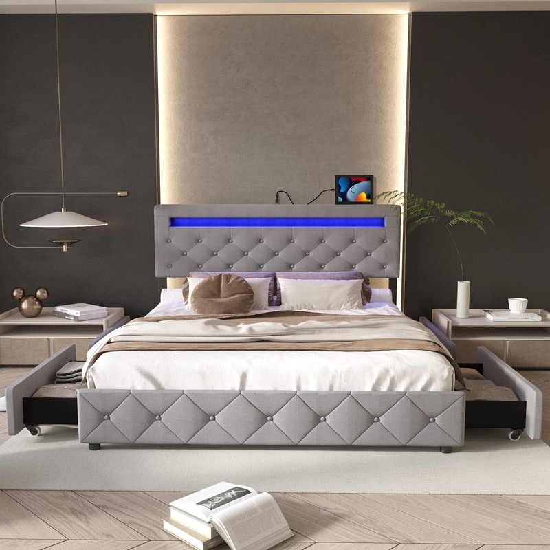 W/ Led Headboard Drawers, Upholstered Storage Bed
