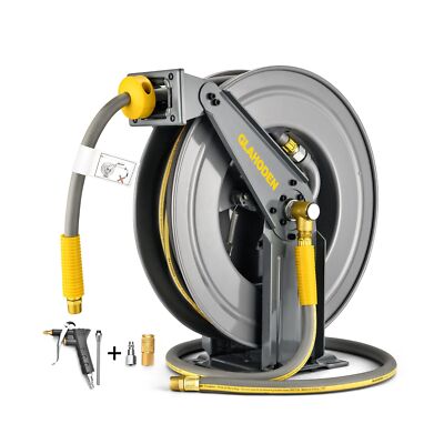 Double Arm Air Hose Reel 50 ft Retractable, 1/2 in Hybrid Hose Heavy Duty Ste...
