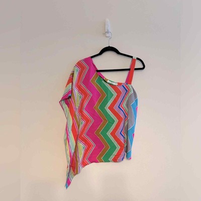 Alice & Trixie Silk One Shoulder Chevron Neon handkerchief blouse size medium