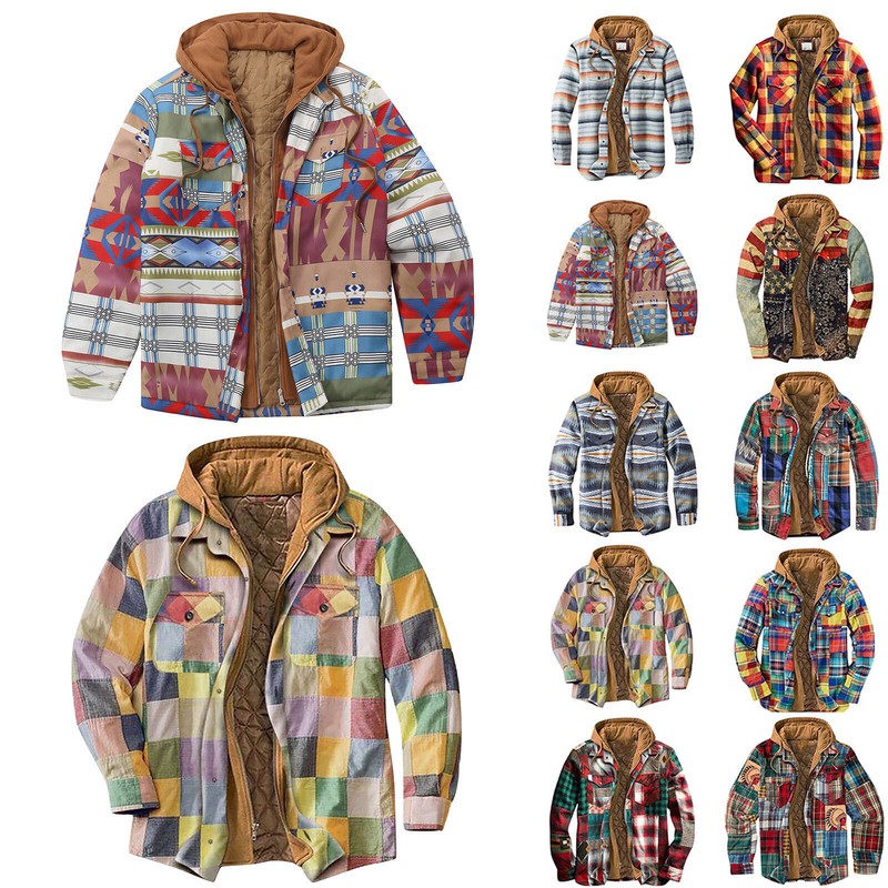 Men's Quilted Lined Button Down Plaid Shirt top sweater jacket Jacket With Hood\