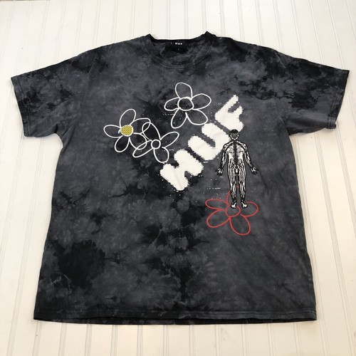 HUF Acid Wash Tie Dye Gray Black Skeleton Flower Daisy T