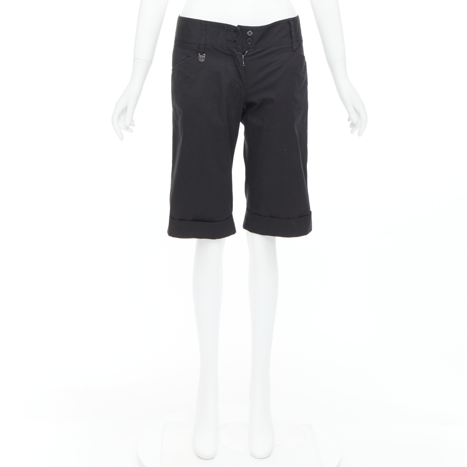 DOLCE GABBANA black cotton silk DG charm cuffed bermuda