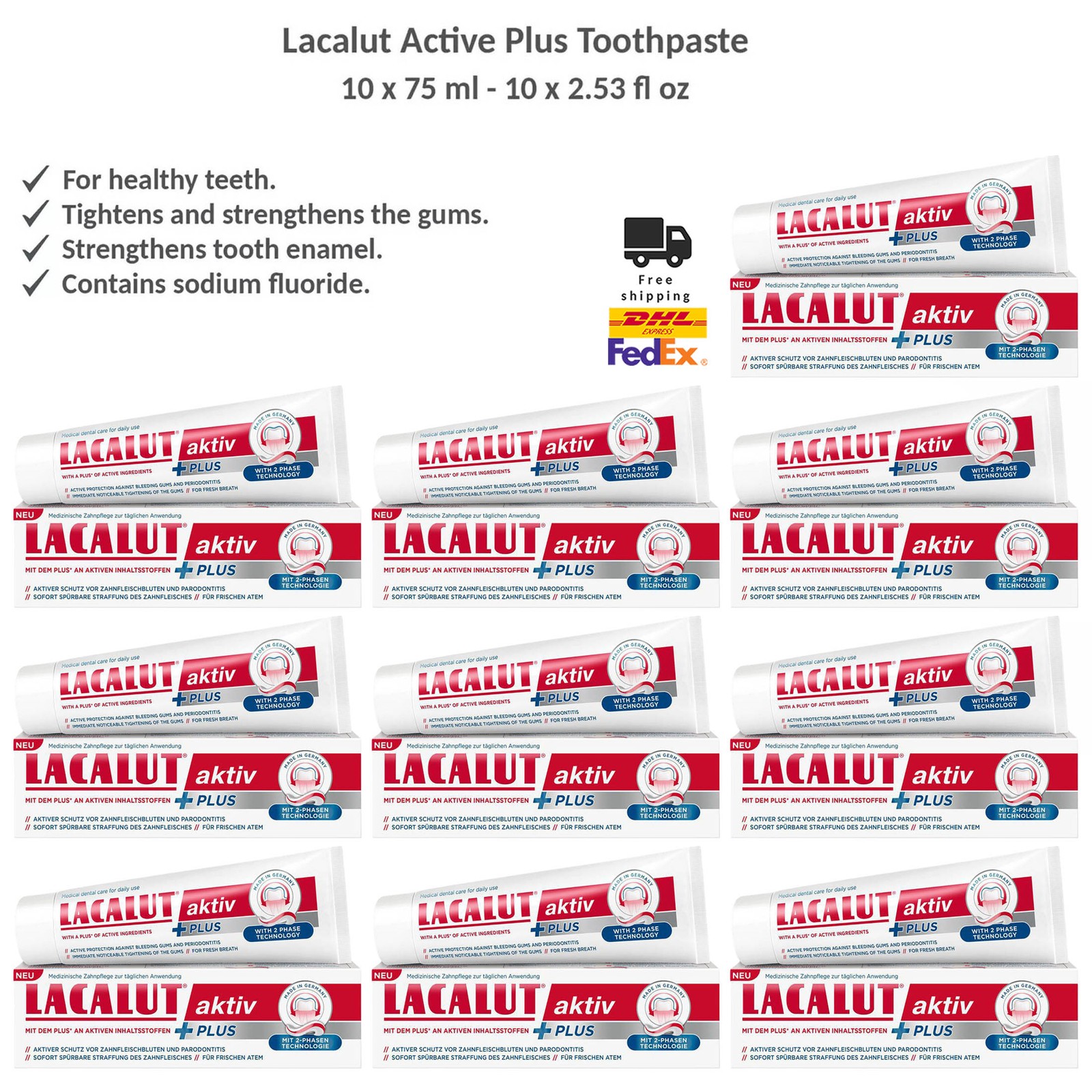 Lacalut Aktiv PLUS Toothpaste Enhanced Formula for Stronger Gums 75ml x 10