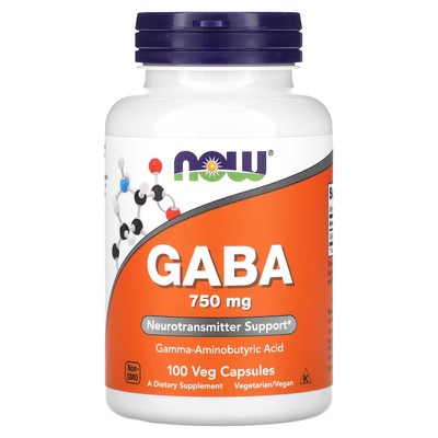 Now Foods GABA 750 мг 100 растительных капсул с гарантией качества GMP, кошерный, веганский,