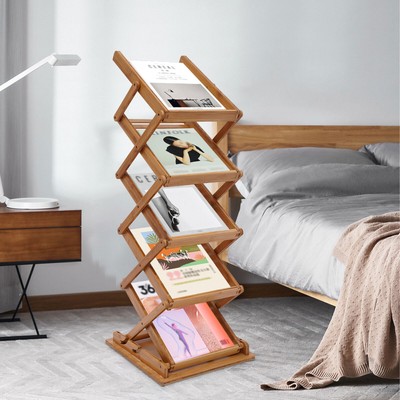 Heavy Duty Bamboo Magazine Rack 5 Layers Foldable File Shelf Pop-up Book Stand