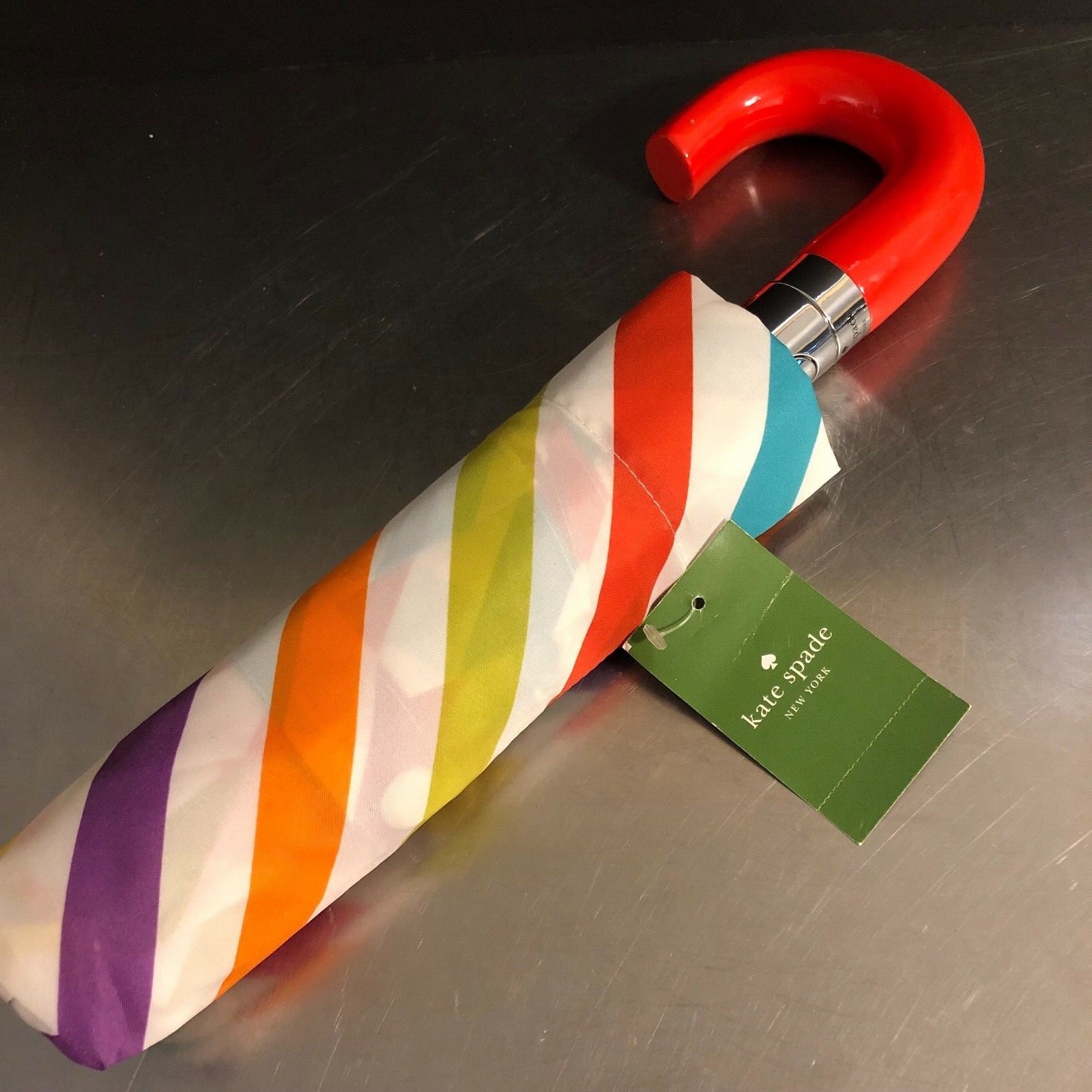 Kate Spade New York Umbrella NWT Stripes Multi Colored Collapsable Point Of View