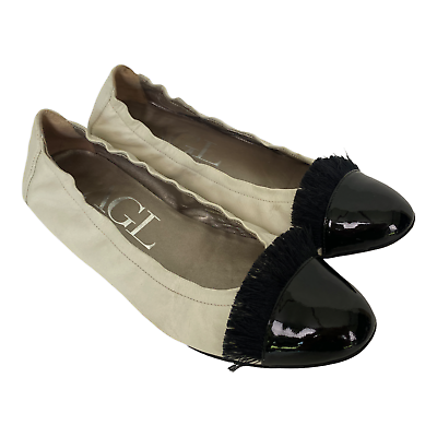 AGL Ballet Flats 36 6 Beige Black Fringe Cap Toe Attilio Giusti