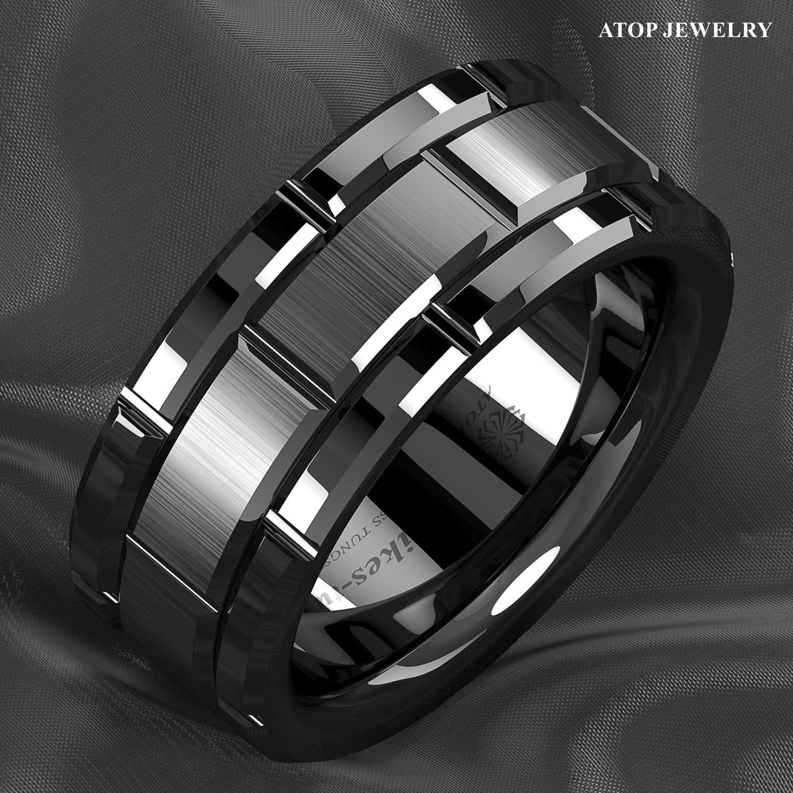8mm Black Tungsten Carbide Ring Bushed Brick Pattern ATOP Men Wedding Band