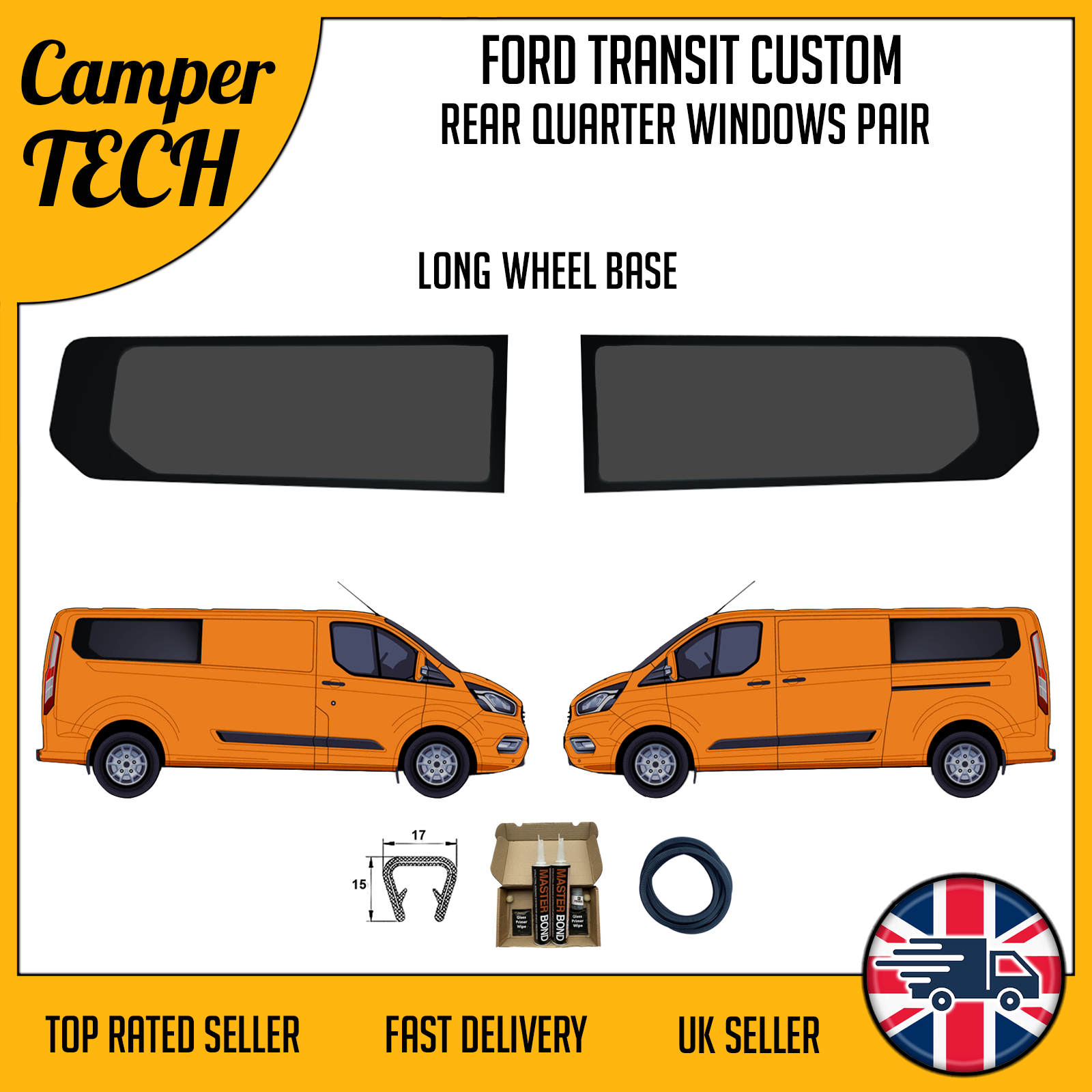 Ford Transit Custom LWB REAR QUARTER  Windows with Bonding Kit  and  U TRIM