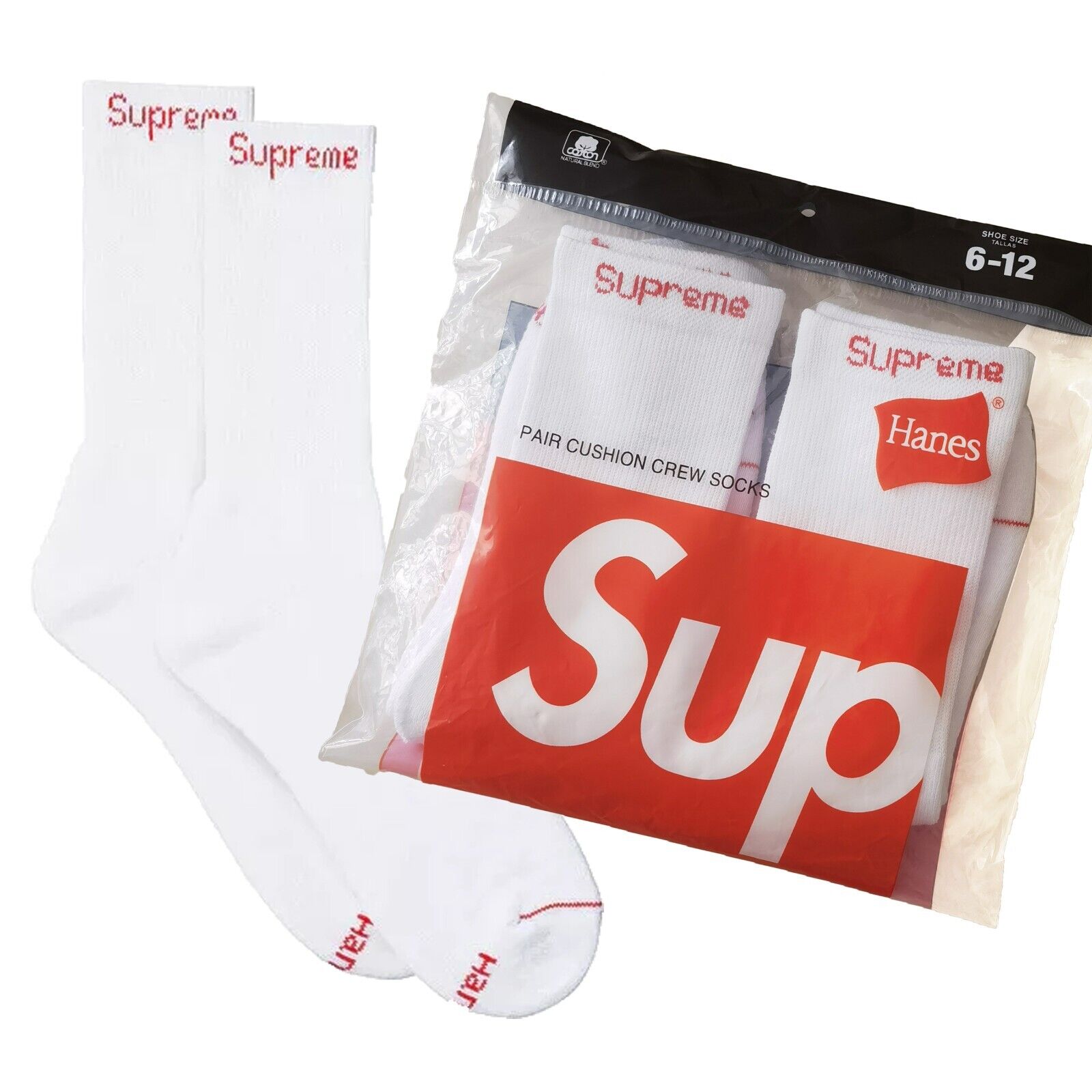 SUPREME/ HANES WHITE SOCKS/ TWO PAIRS IN PACKAGE / 100% AUTHENTIC/ NEW BRAND SUPREME/ HANES WHITE SOCKS/ TWO PAIRS IN PACKAGE / 100% AUTHENTIC/ NEW BRAND