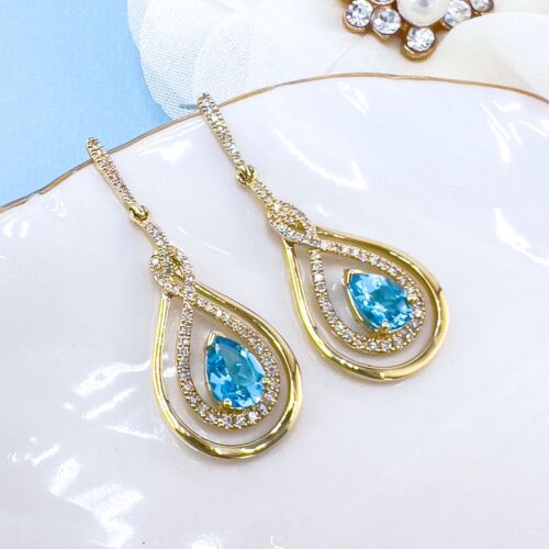 Genuine Swiss Blue Topaz & Diamond 10k Yellow Gold Dangle/Drop Earrings, New - Picture 11 of 12