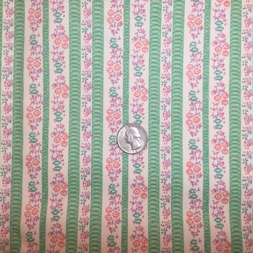 Vtg Floral COTTON TICKING FABRIC Green Pink Blue Lavender Stripe 2 Yds 32