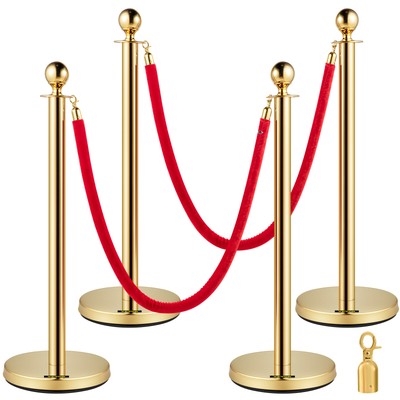 4PCs Queue Barrier Crowd Control Stanchion 4.9ft Mall Ball Round Top Velvet Rope