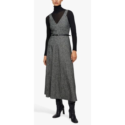 MNG Mango Houndstooth Double V Neck Wool Blend Maxi Dress Womens 6 Black Tweed