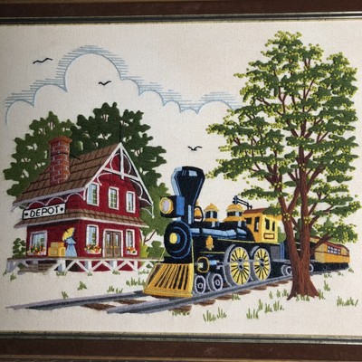 Framed Completed Train Crewel Embroidery Sunset Kit 2483 Country Depot Vintage