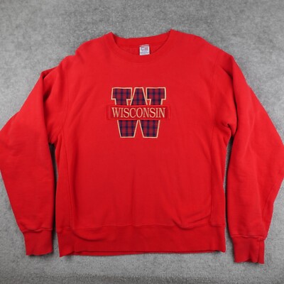 Vintage Wisconsin Badgers Sweatshirt Men XL Red Plaid Logo Spell out Embroidered