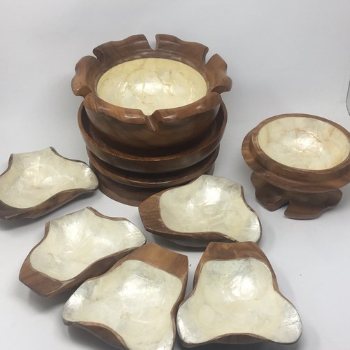 Lotus Flower Monkey Pod Wooden Bowl Mother of Pearl Lazy Susan