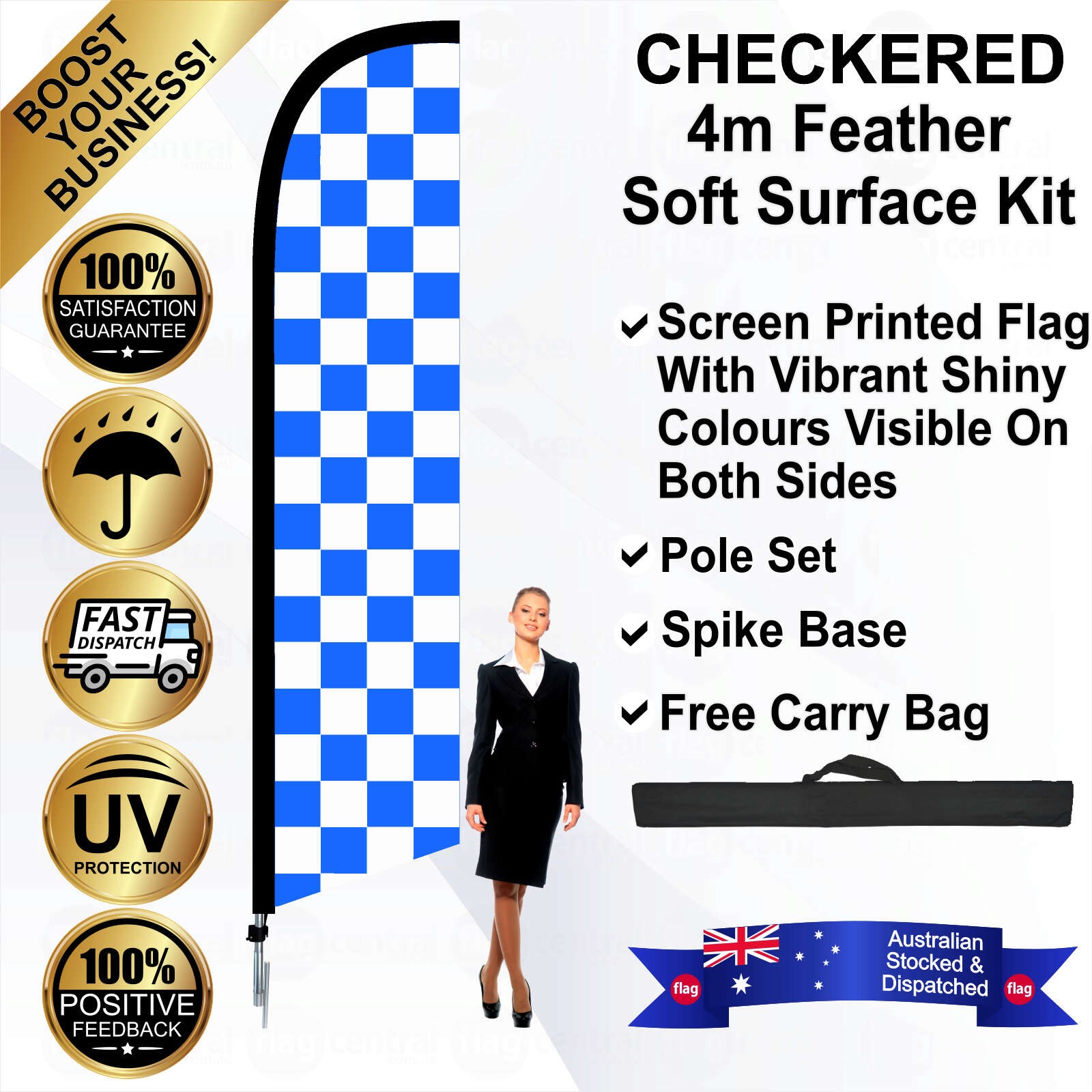 White and Blue Checks White 4m Feather Flag / Banner Kit with Pole Set, Galvanised Steel Ground Spike and a Free Carry Bag