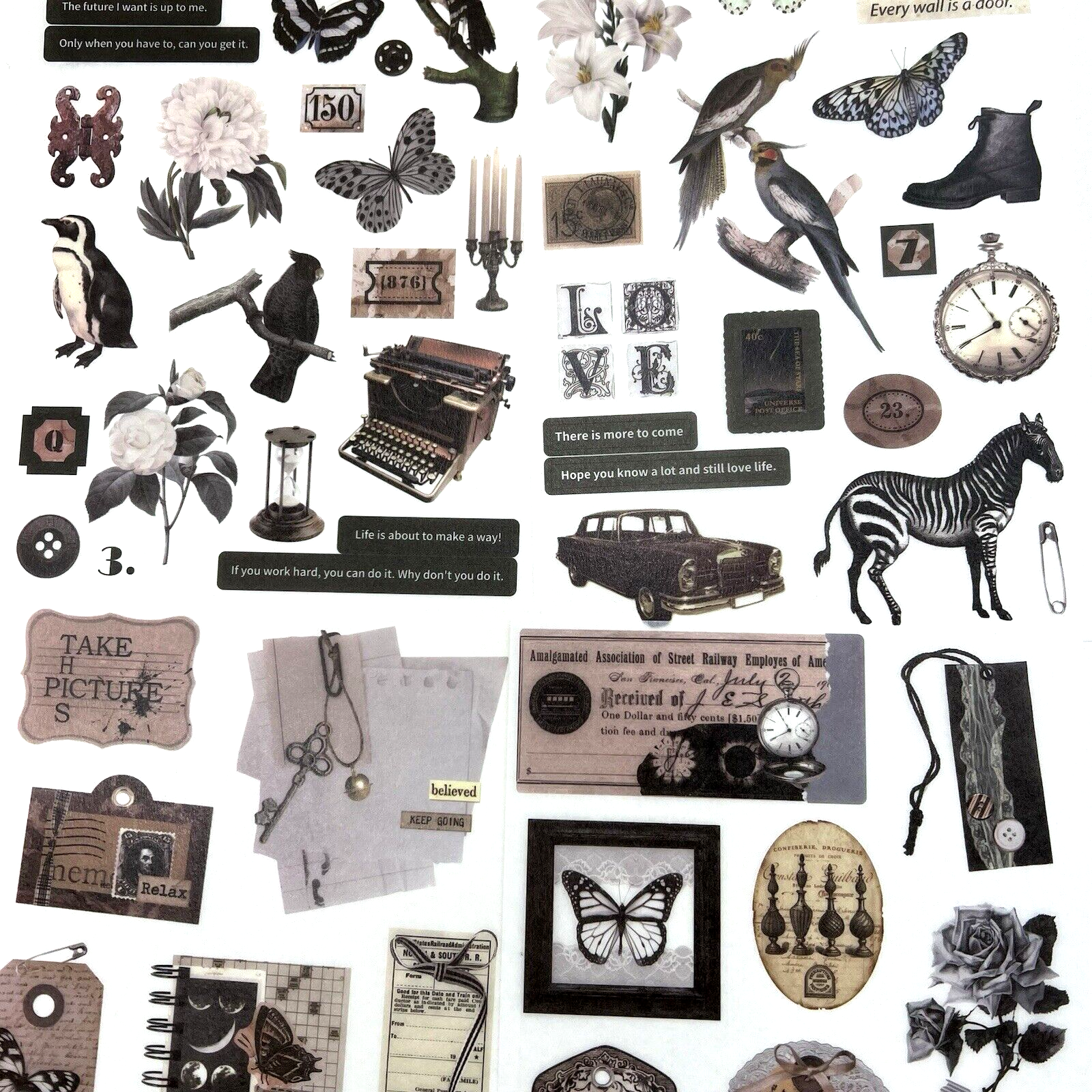 Vintage Style Black Garden Washi Paper Stickers 4 Sheets Junk Journal Collage