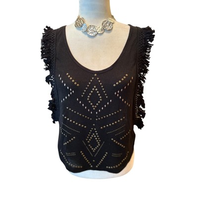Windsor Fringe & Studded Sleeveless Lightweight Black Sweater Top, Women's Small