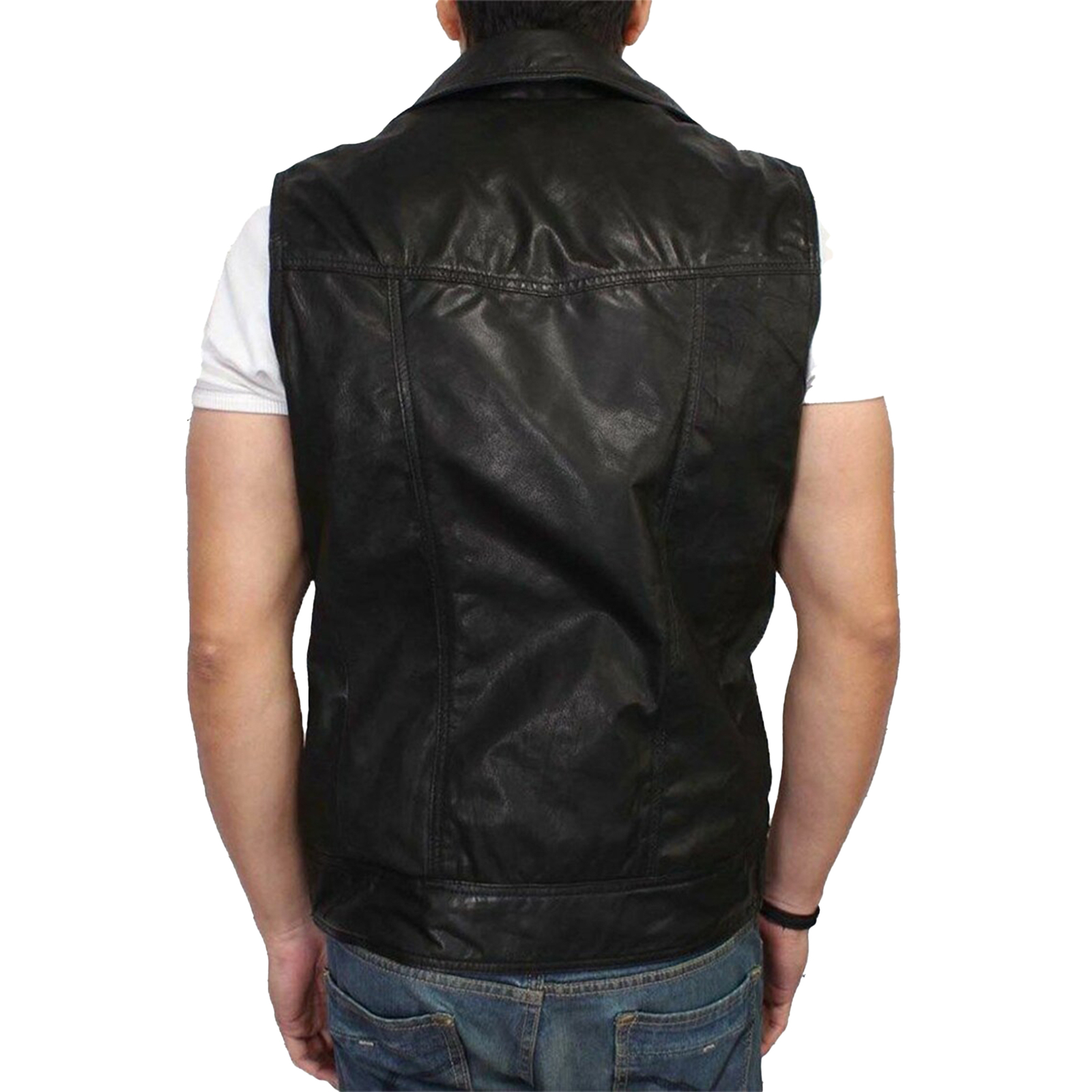 Mens Black Genuine Leather Motorcycle Vest/Slim Fit Sleeveless Jacket/Biker Vest - Picture 2 of 3