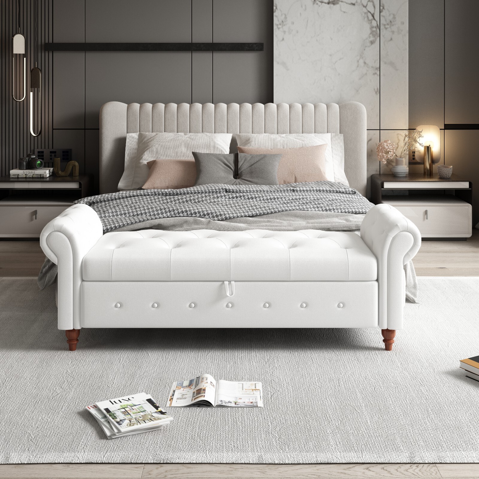 Modern Velvet Upholstered End of Bed Bench Storage Ottoman Seat with Rolled Arms