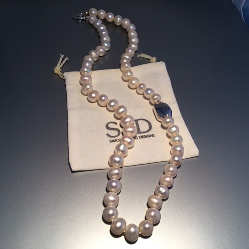 Pre-owned Simon Sebbag 925 Sterling Silver 10 Mm White Pearl Necklace 25”