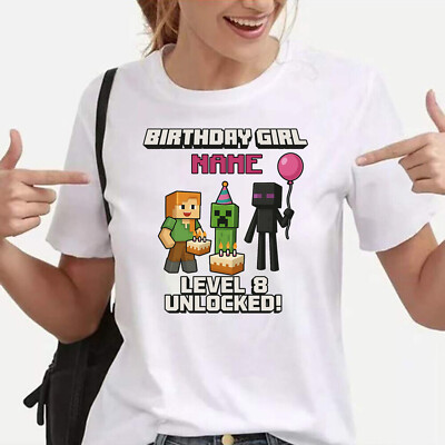 Personalised Birthday Girl Name Level 8 Unlocked Ladies T-Shirt Gift Xmas