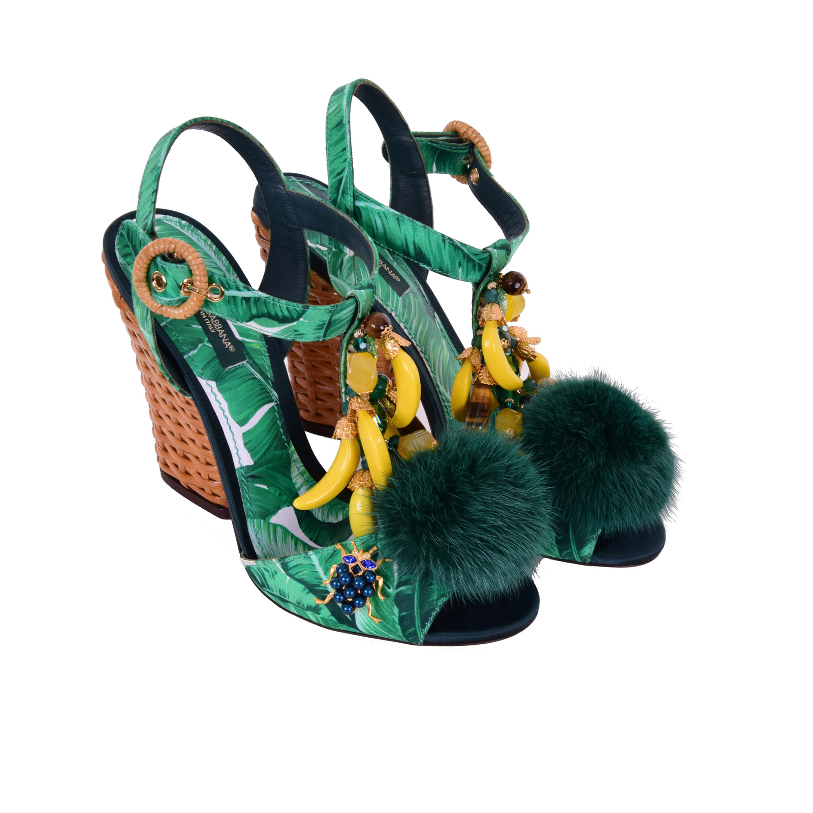 US5 NEW $1600 DOLCE /& GABBANA Shoes Banana Leafs Crystal Fur Sandals EU35.5