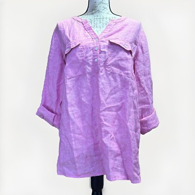 Talbots Plus 100% Linen Pink V Neck Minimalist Roll Tab Sleeve Size 1X NWT $89