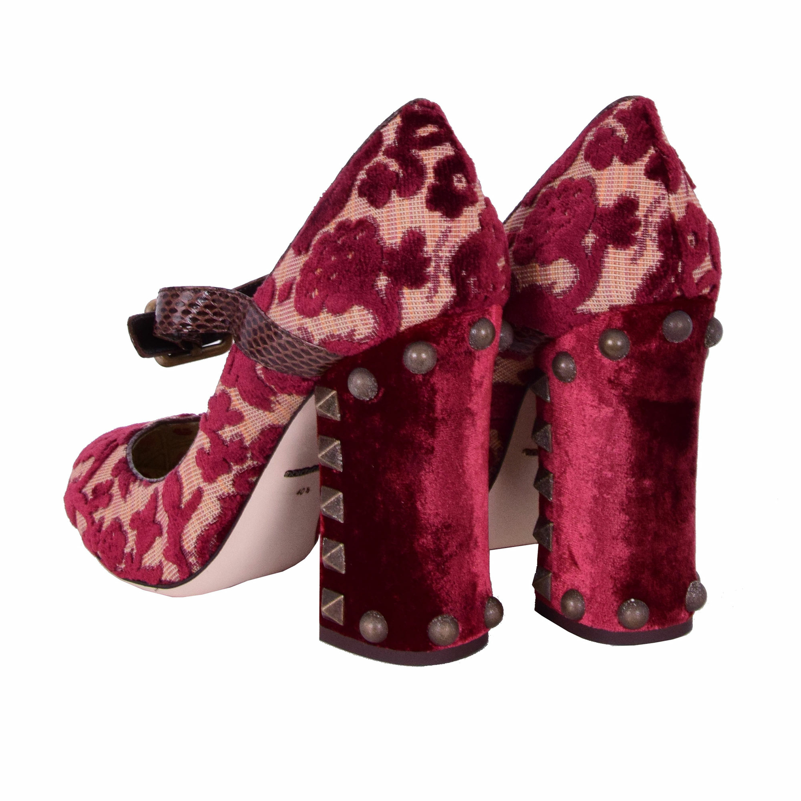 Pre-owned Dolce & Gabbana Baroque Studded Velour Mary Jane Pumps Heels Bordeaux 07830 In Red