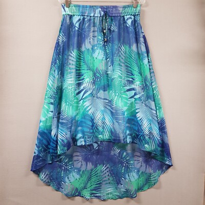 Jaclyn Smith Collection Skirt Women's Medium Blue Hi-Low Palm Leaves Hawaiian