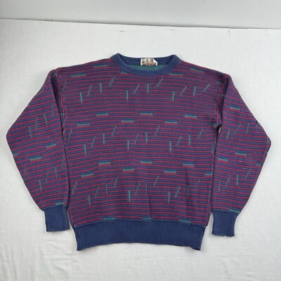 Vintage 1980s Sweater Adult Large Red Striped Chunky Knit Pullover American 80s