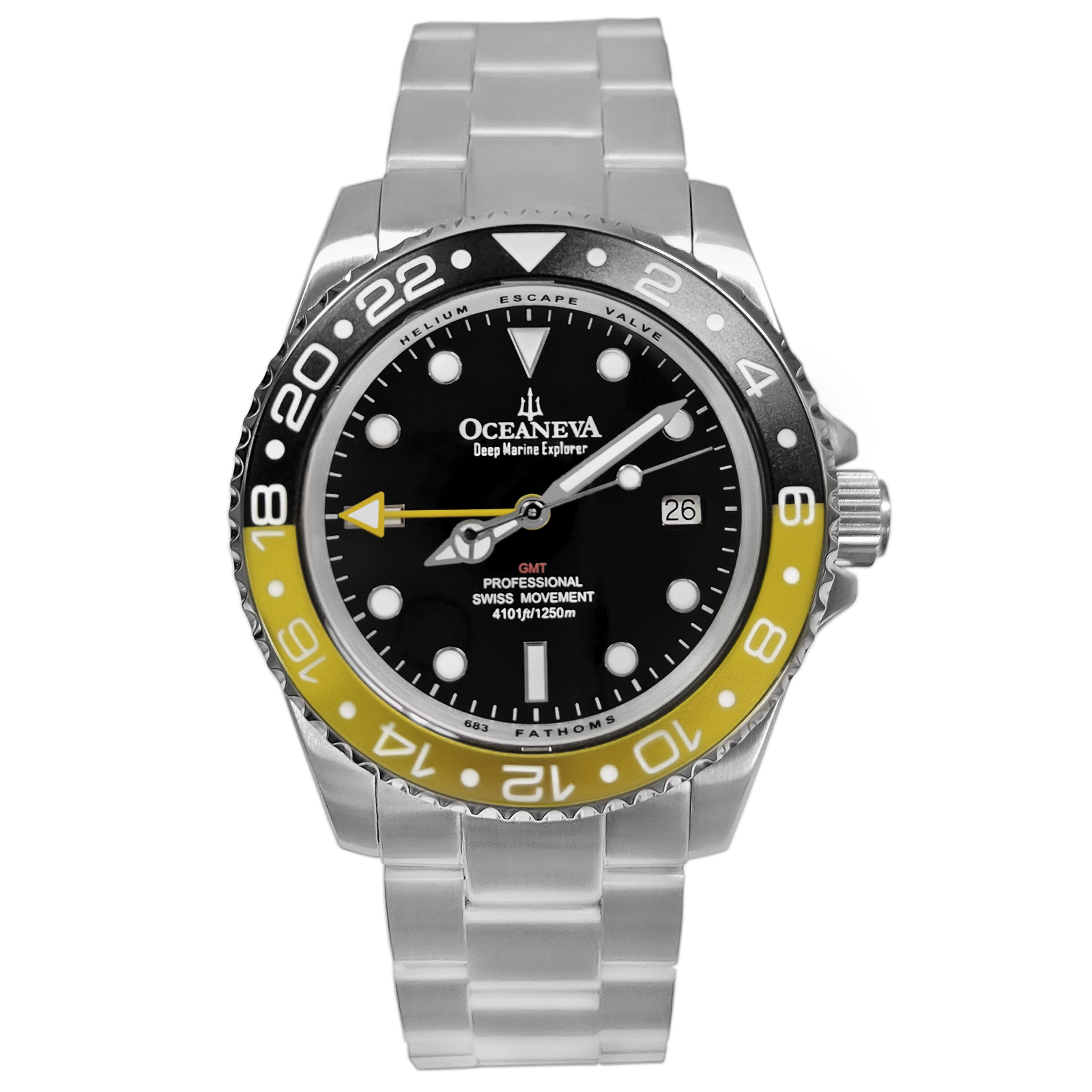 Pre-owned Oceaneva " Oceaneva Men's Deep Marine Explorer Gmt 1250m Pro Diver Watch Yellow And Black