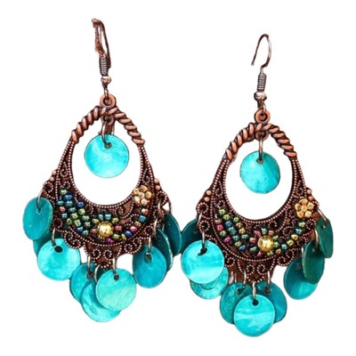 Boho Chic Bronze Filigree Beaded Sequins Turquoise Copper Drop Earrings 