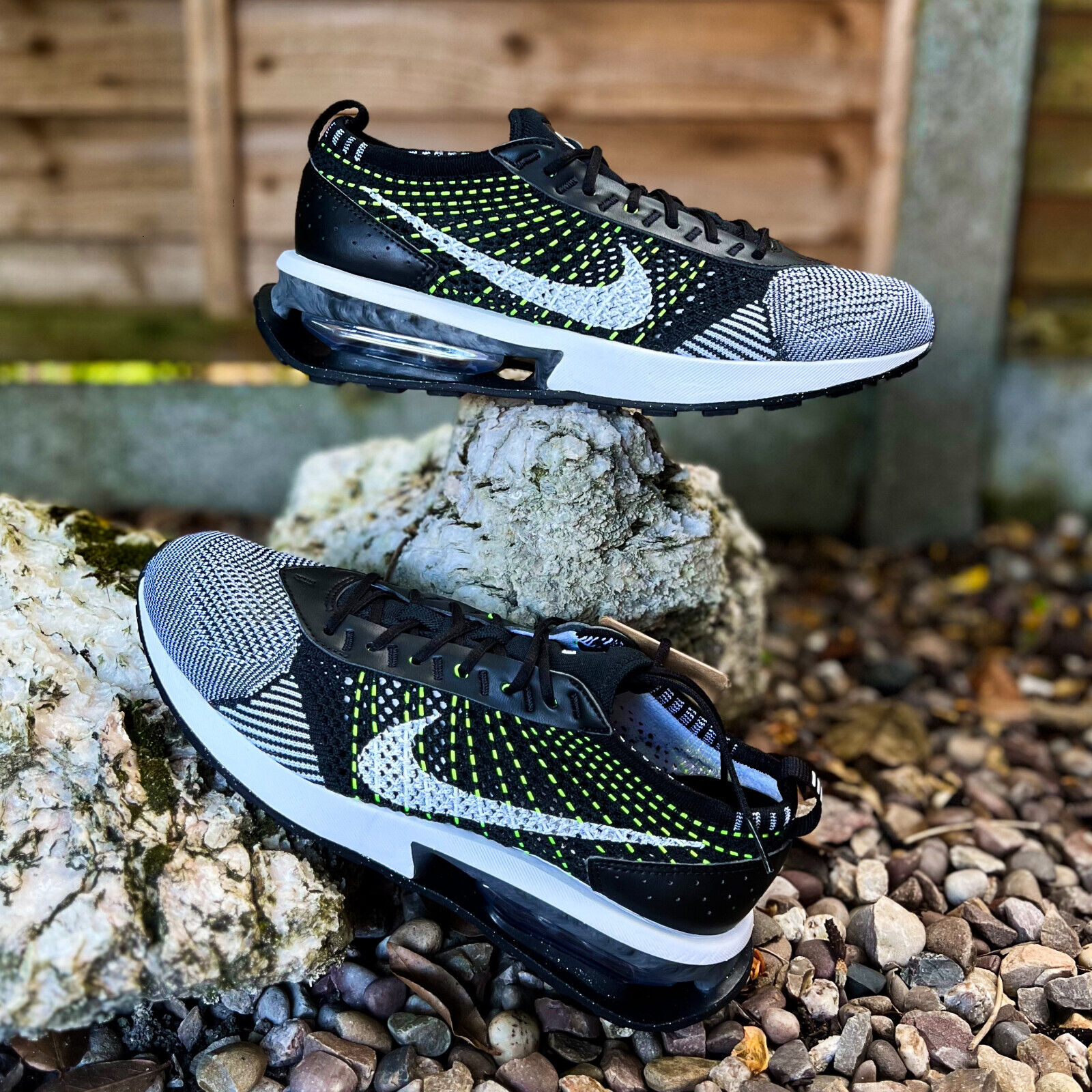 WMNS Nike Air Max Flyknit Racer Black White Volt DM9073-002 WMNS Nike Air Max Flyknit Racer Black White Volt DM9073-002
