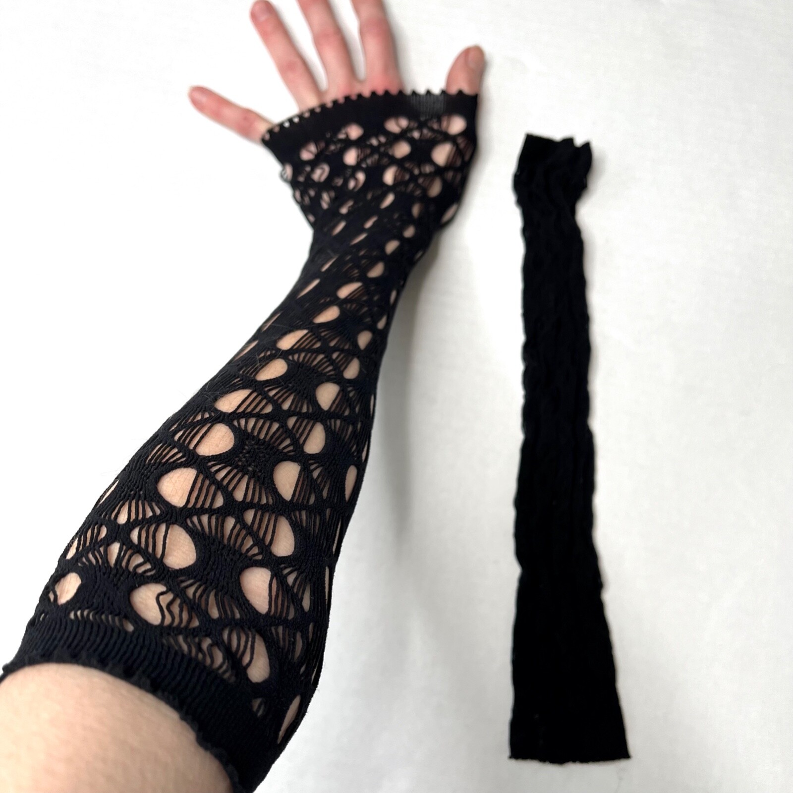 Black Fishnet Arm Warmers Cyber Goth Fingerless Gloves Cut