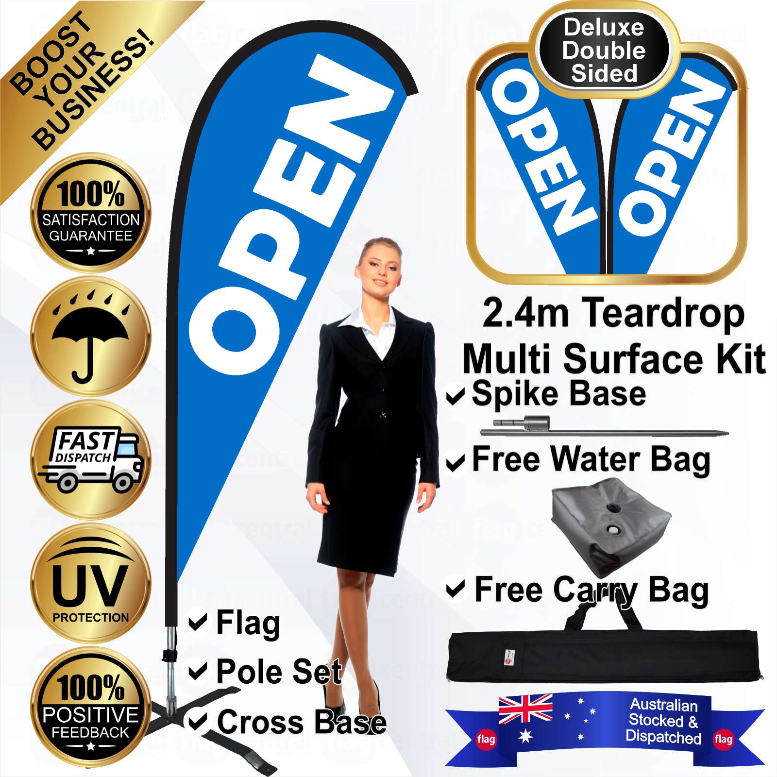 OPEN Deluxe Double-Sided Blue 2.4m Teardrop Flag / Banner Kit with Pole Set, Galvanised Steel Ground Spike, Steel Outdoor Cross Base, Free 15kg Water Bag and a Free Carry Bag