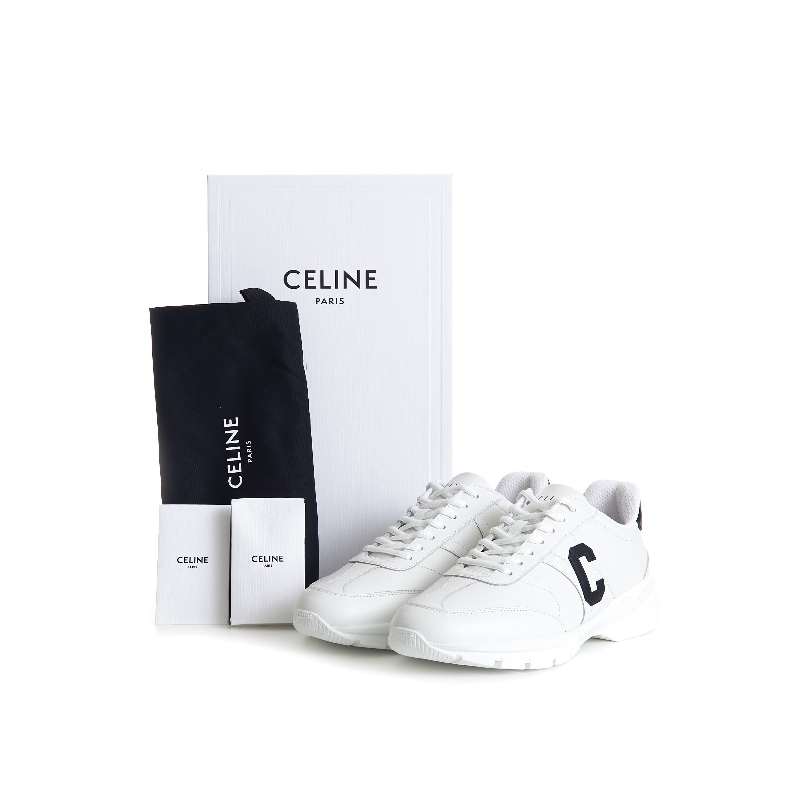 Pre-owned Celine 1100$ Men's Cr-02 Low Lace-up "c" Sneaker / Runner - White Calfskin