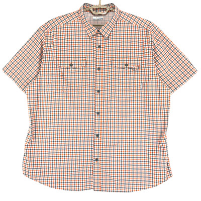 Columbia Shirt Men's 2XL Salmon Gray White Nylon Plaid 2 Pocket Short Sleeve
