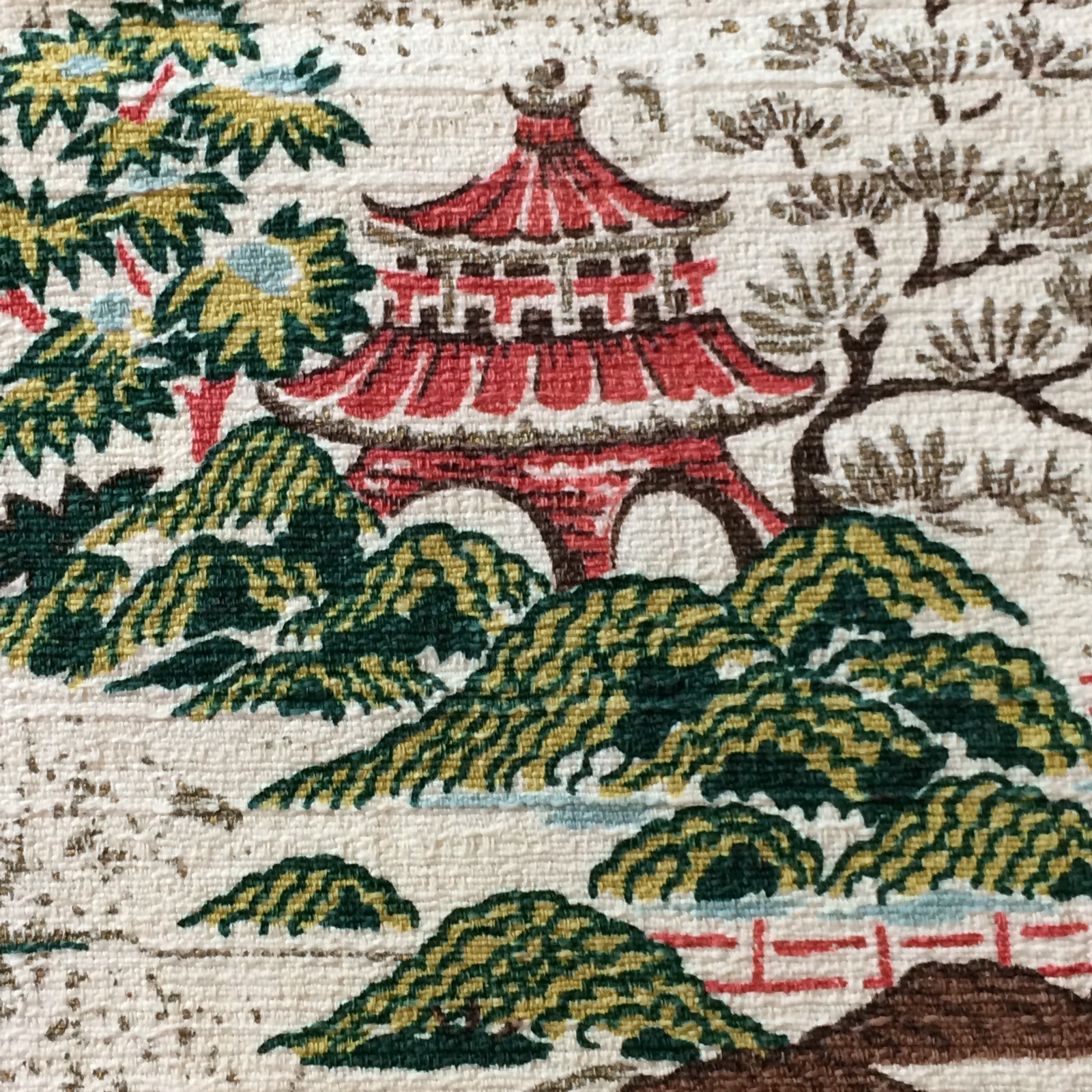Vtg 50s Barkcloth Fabric 4 Panels Asian Pagoda Print 42 X 80 Mid Century 8 yards
