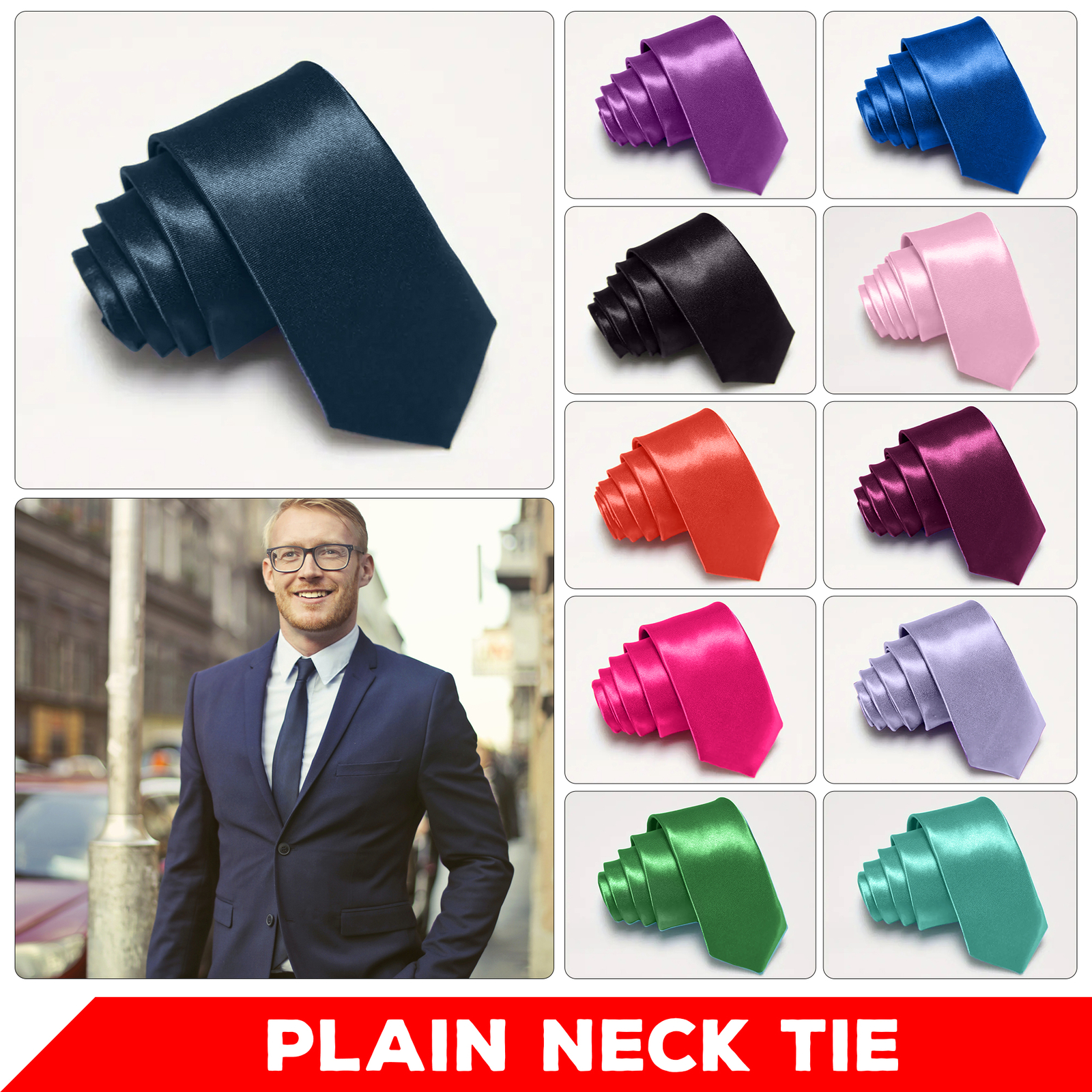 Mens Premium Silk Satin Solid Plain Tie Necktie Slim Tie Wedding Party Formal UK