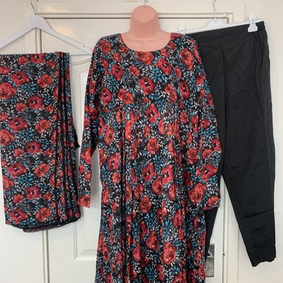 AabPara Rose Print 3 Pc Asian Pakistani Traditional Dress Trousers Shawl Set