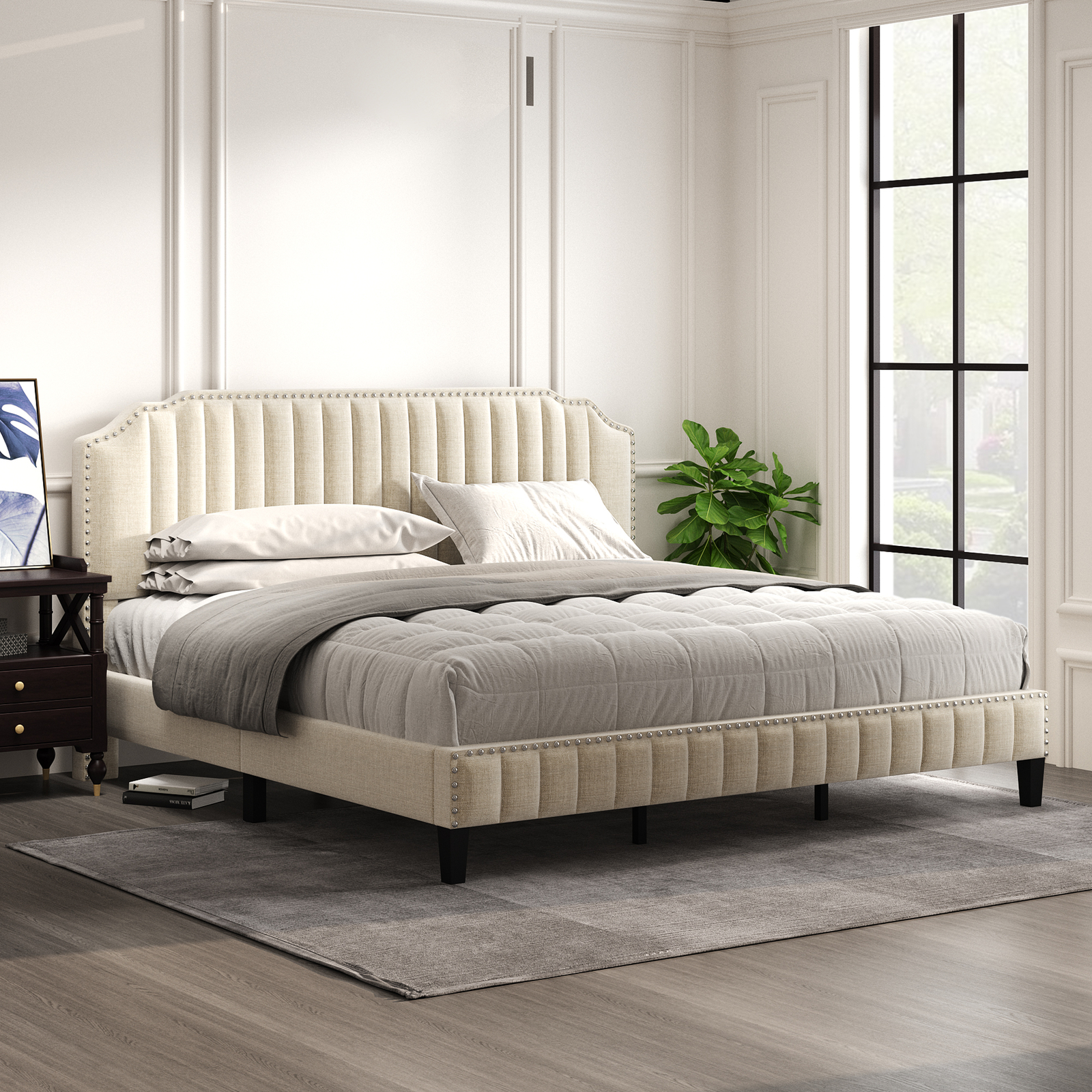 With Headboard Wood Slat Support Cream