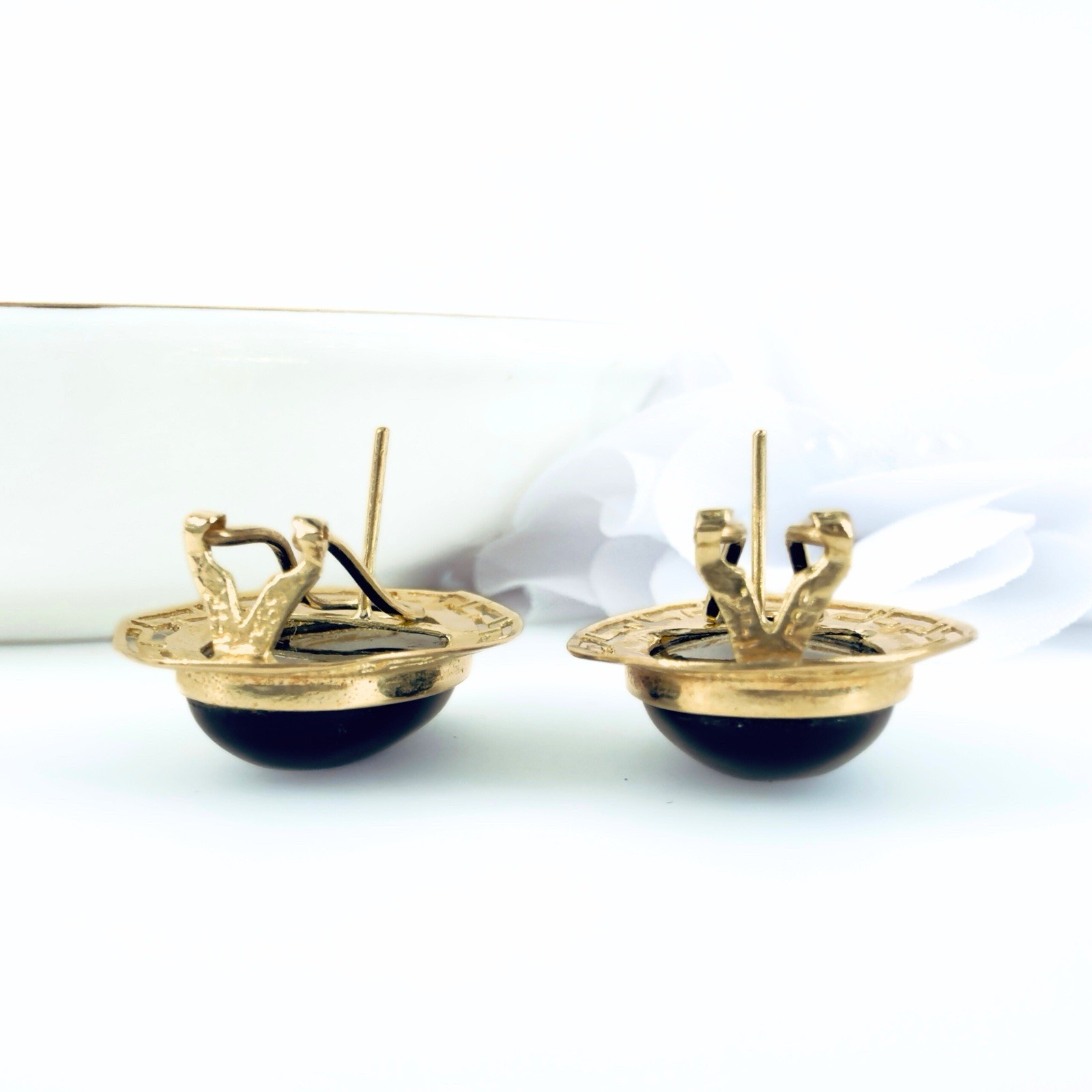 14k Yellow Gold Black Onyx Omega Back Earrings, Preowned - Picture 6 of 12