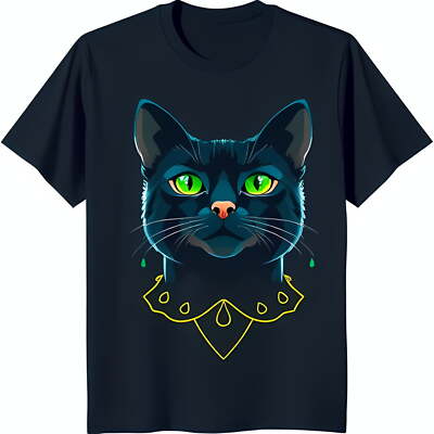 Stylish Black T-Shirt with Bold Black Cat Graphic & Green Eyes Design